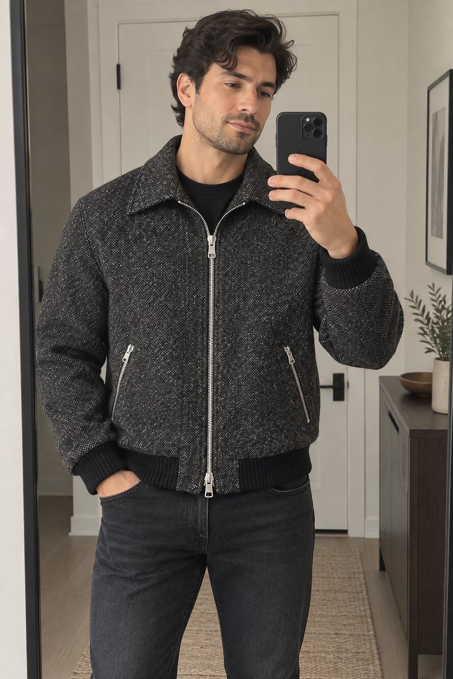A|X Armani Exchange Mens Size L Wool Herringbone Bomber Jacket Tweed Zip Up
